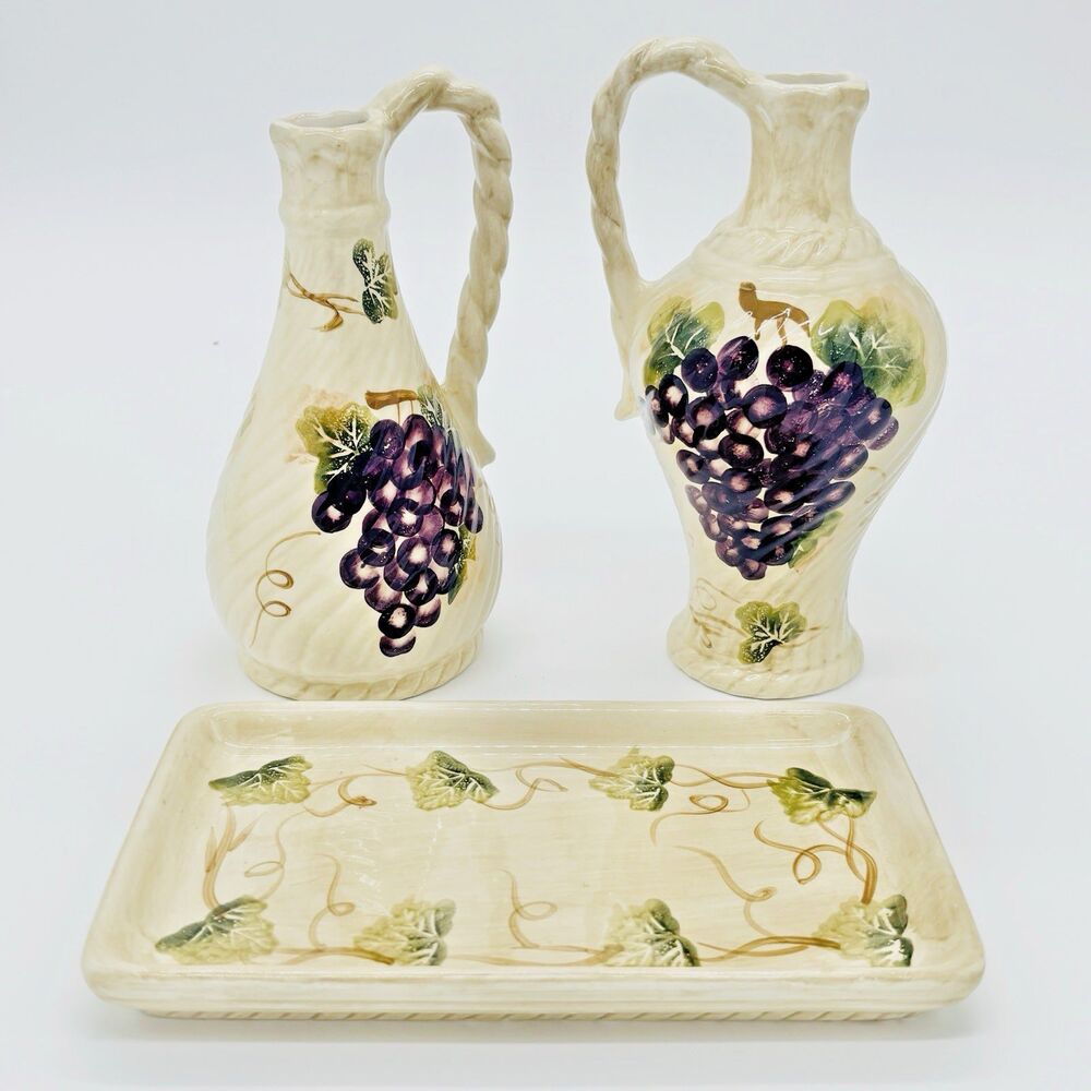 Linens N Things Ceramic Grape Oil Vinegar Cruet Set Dispenser Bottles VTG